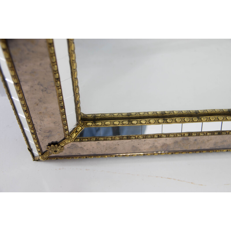 Vintage multi-facets mirror with brass garlands, France 1970s