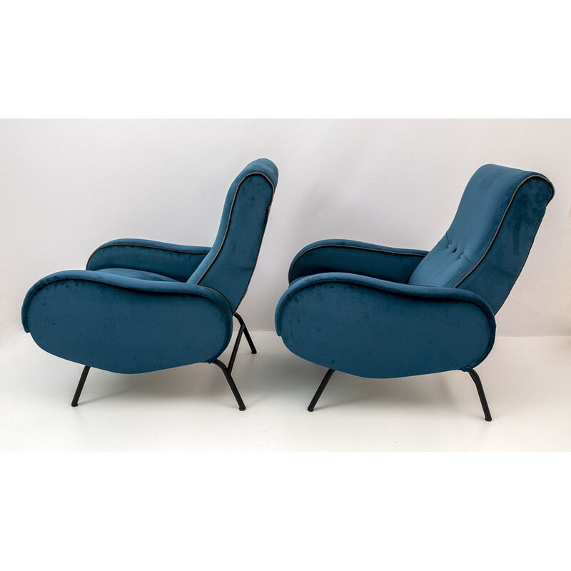 Pair of mid-century Italian velvet reclining armchairs by Marco Zanuso, 1950s