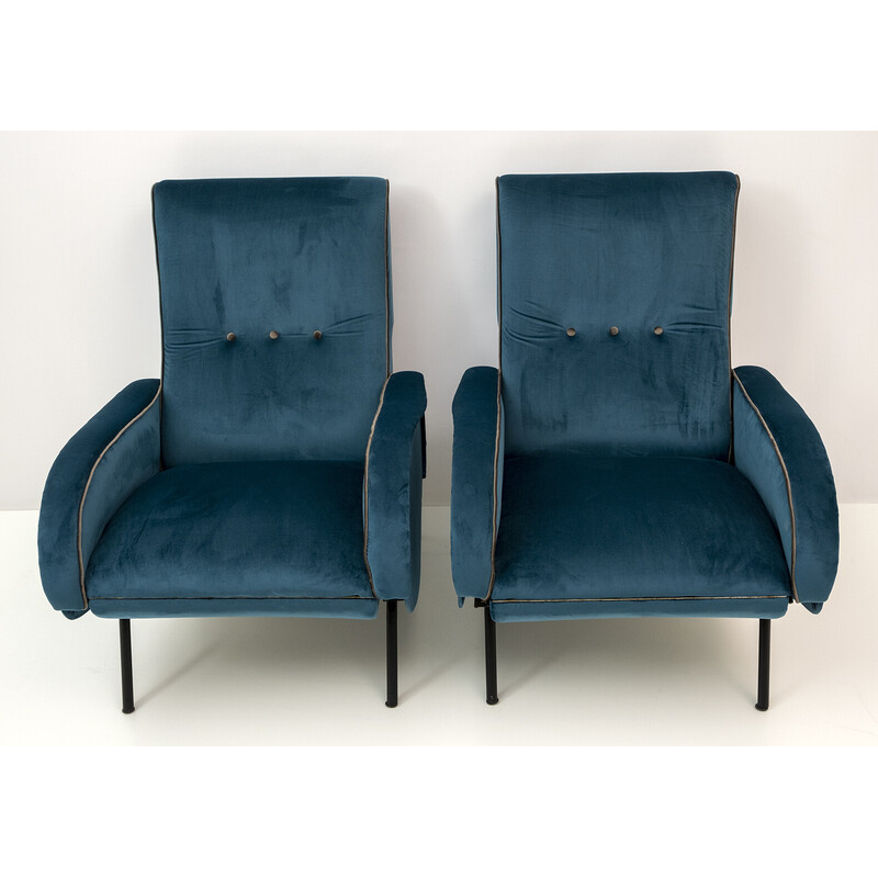 Pair of mid-century Italian velvet reclining armchairs by Marco Zanuso, 1950s