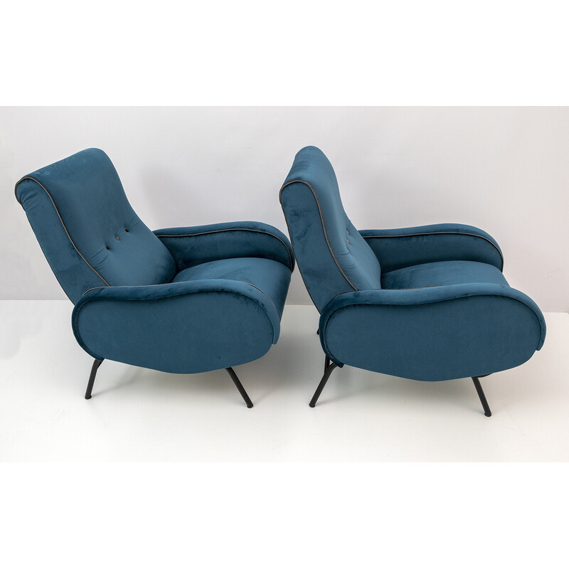 Pair of mid-century Italian velvet reclining armchairs by Marco Zanuso, 1950s