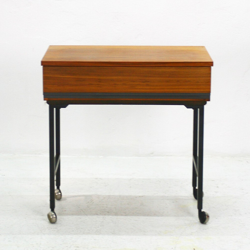 Mid-Century Modern walnut side table on wheels - 1960