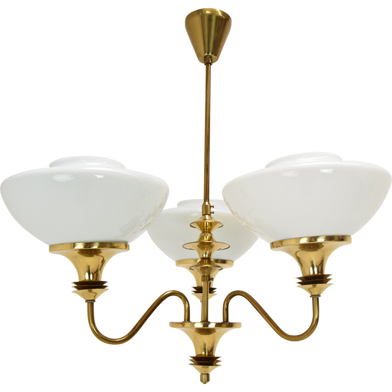 Mid-century glass and brass chandelier, Czechoslovakia 1970s