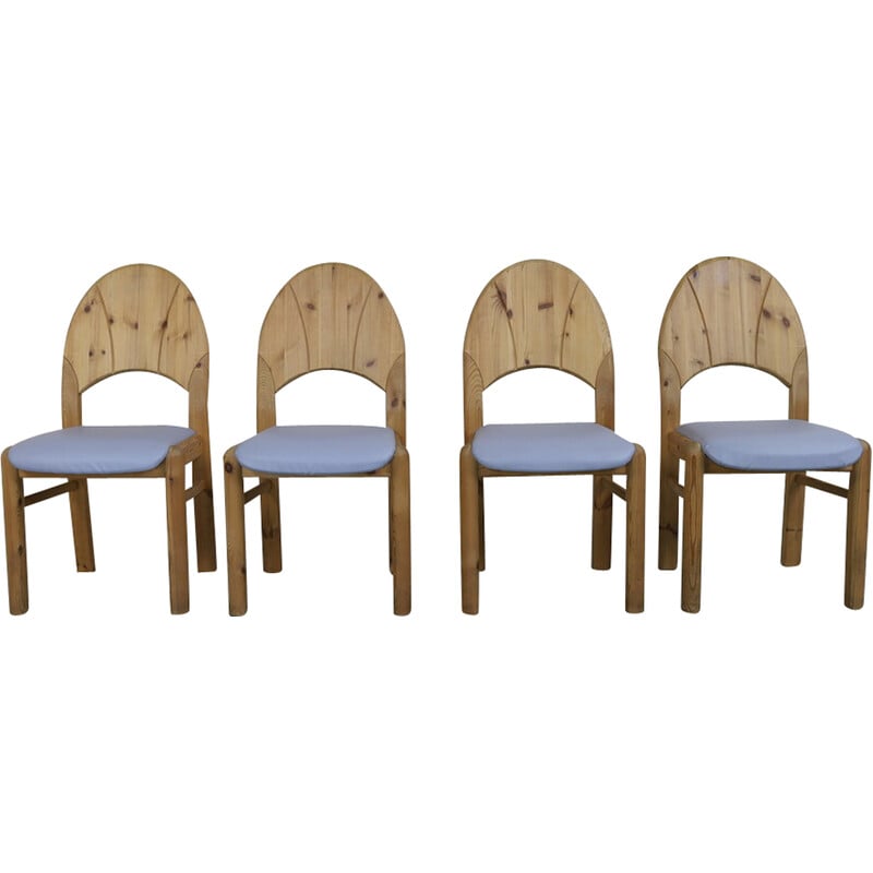 Set of 4 vintage Brutalist dining chairs in natural pine, 1970s