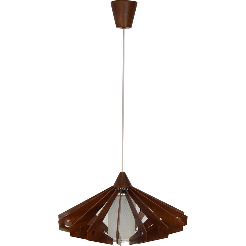 Vintage pendant lamp in wood and glass by Drevo Humpolec, Czechoslovakia 1970