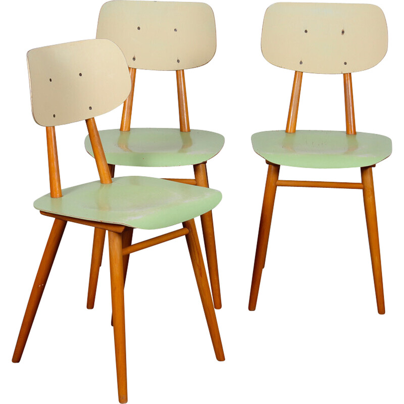 Conjunto de 3 cadeiras de madeira vintage por Ton, República Checa 1960
