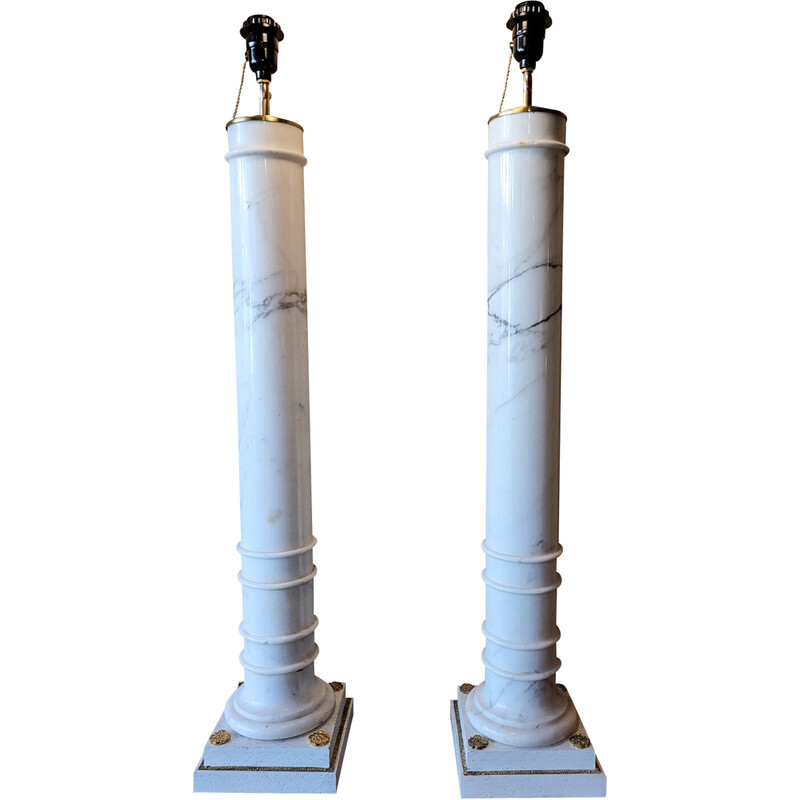 Pair of vintage lamp bases in marble, oakwood and bronze