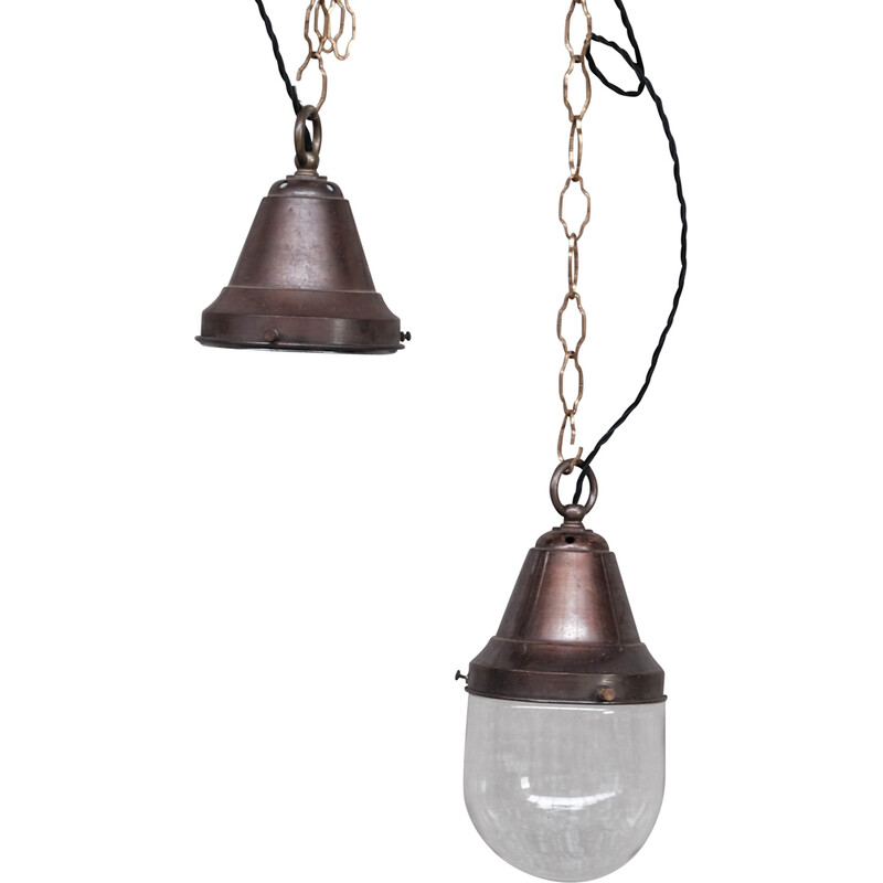 Pair of vintage brass and clear glass industrial pendant lamps, 1930s