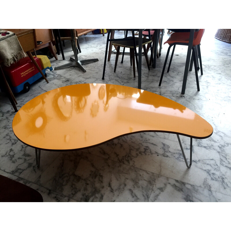Yellow formica coffee table, palette bean shape - 1970s