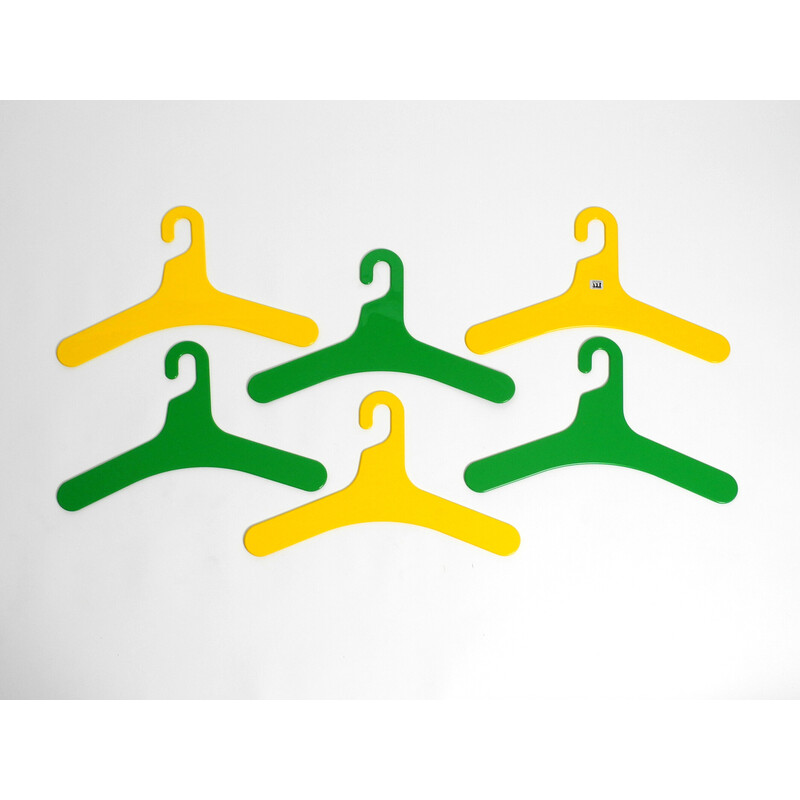 Set of 6 vintage green and yellow plastic hangers by Ingo Maurer for Design M, 1970