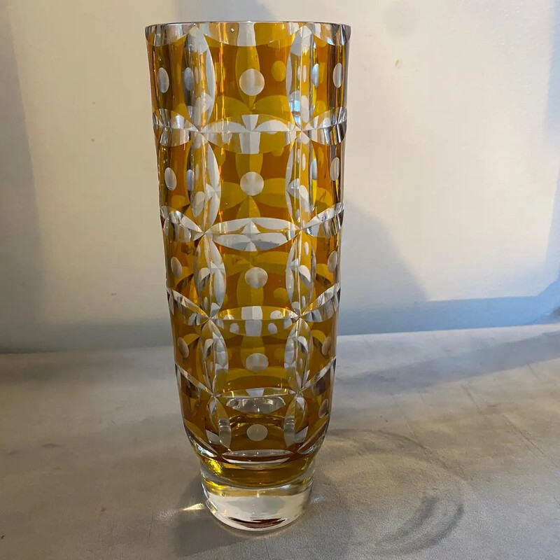 Vase vintage bohémien Art Déco en cristal ambré, 1930