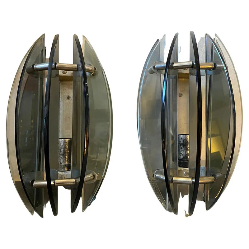 Pair of vintage chrome metal and glass wall lamps by Veca, Italy 1970