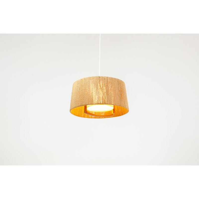 Lampada a sospensione vintage in sisal e teak di Temde Leuchten, Germania 1960