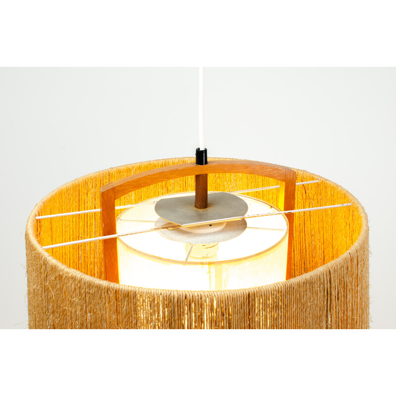 Vintage sisal and teak pendant lamp from Temde Leuchten, Germany 1960