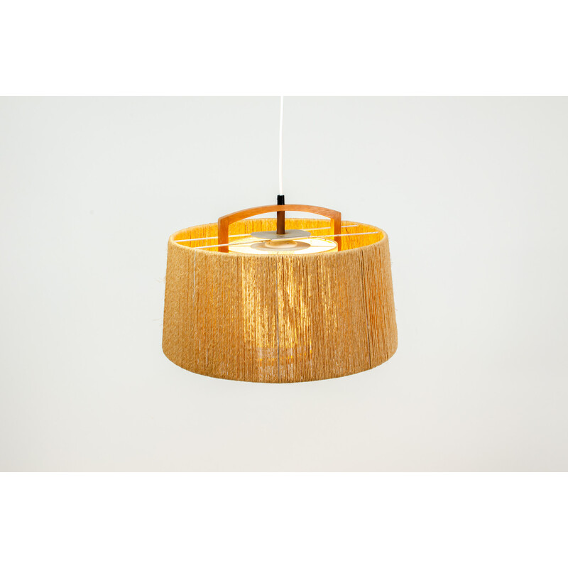 Lampada a sospensione vintage in sisal e teak di Temde Leuchten, Germania 1960