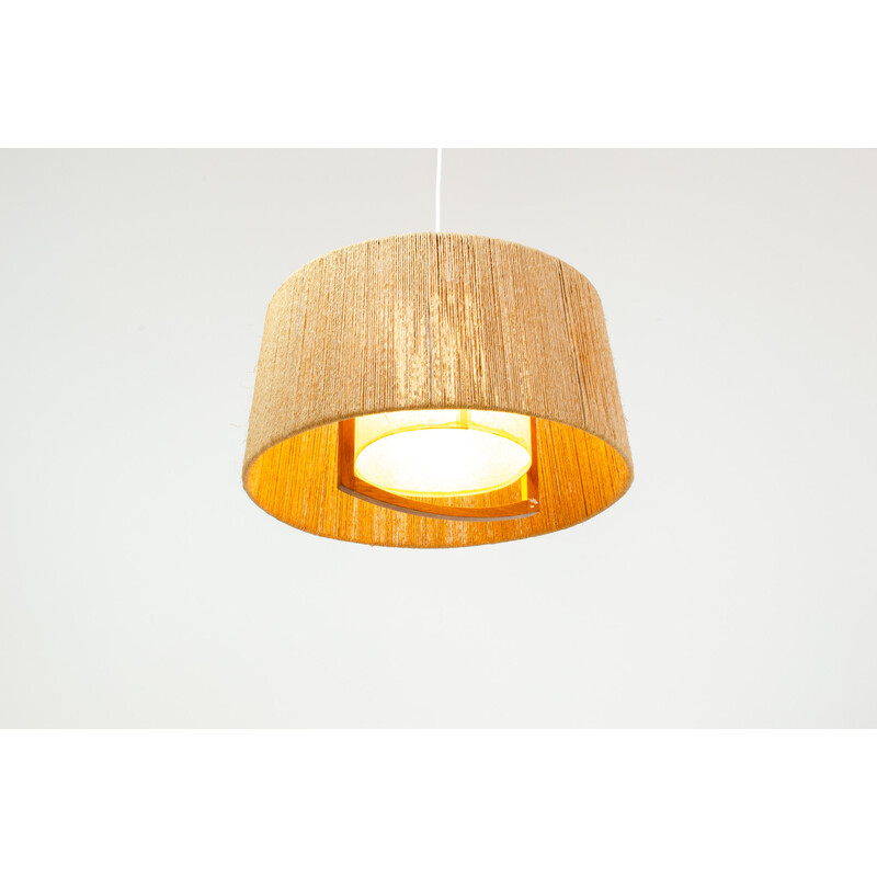 Lampada a sospensione vintage in sisal e teak di Temde Leuchten, Germania 1960