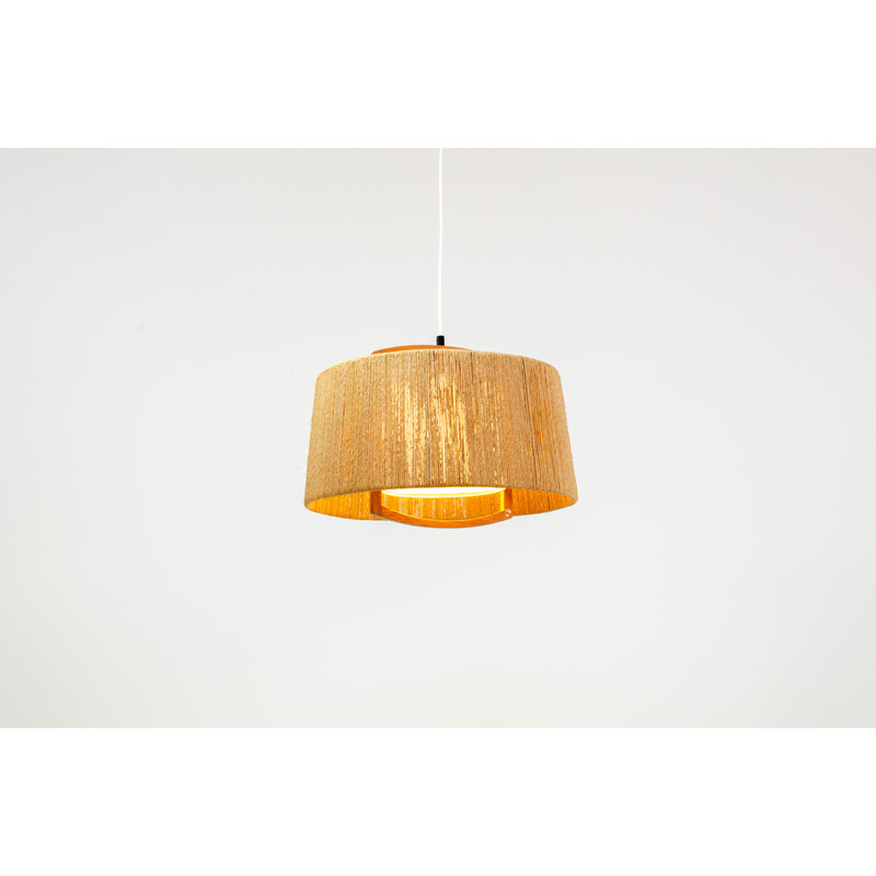 Lampada a sospensione vintage in sisal e teak di Temde Leuchten, Germania 1960