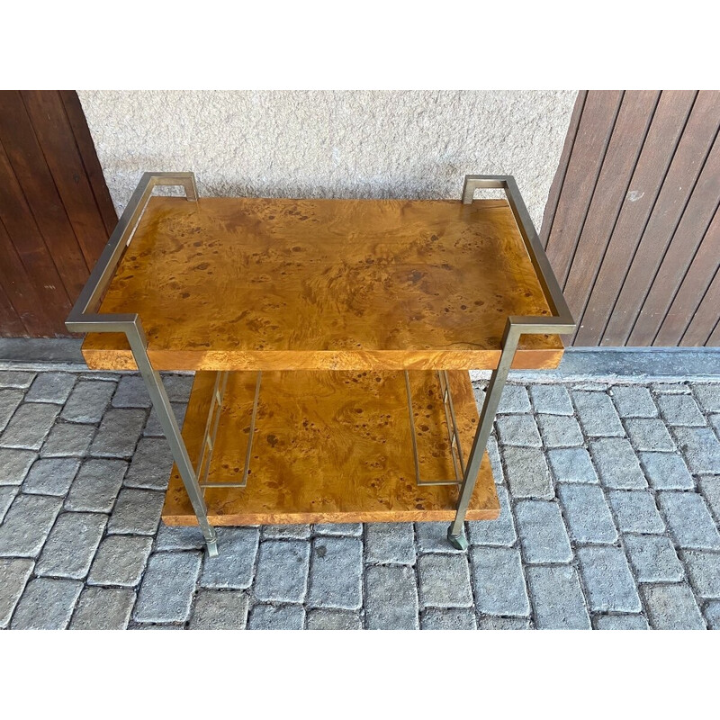 Vintage burr ash and brass serving table on wheels, 1970