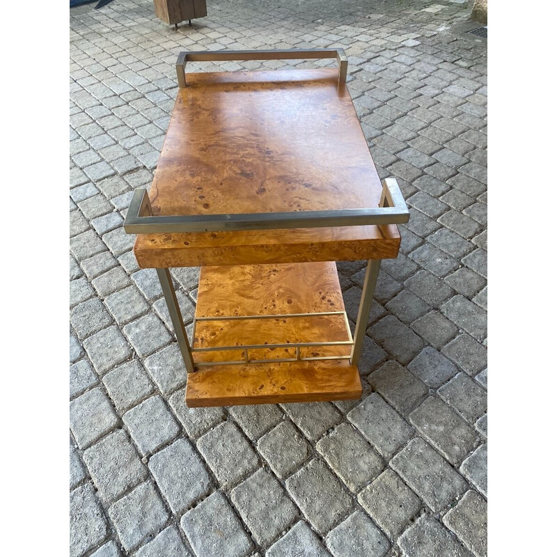 Vintage burr ash and brass serving table on wheels, 1970