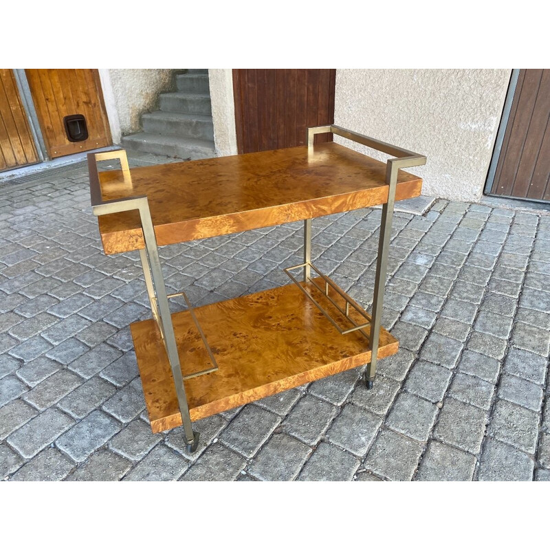 Vintage burr ash and brass serving table on wheels, 1970