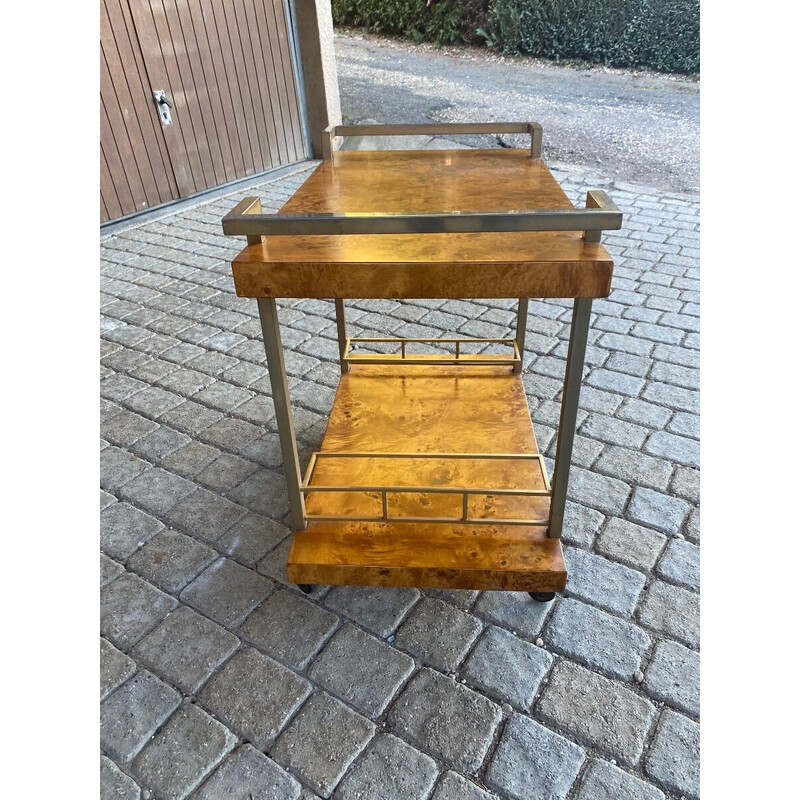 Vintage burr ash and brass serving table on wheels, 1970