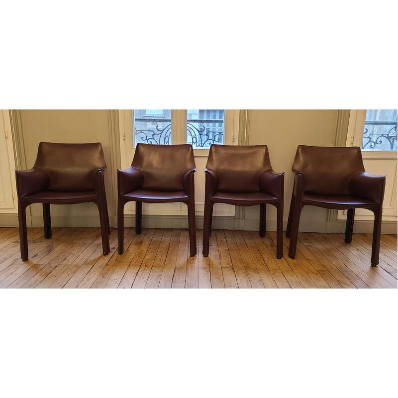 Set of 4 vintage Cab 413 leather armchairs by Mario Bellini for Cassina, 1983