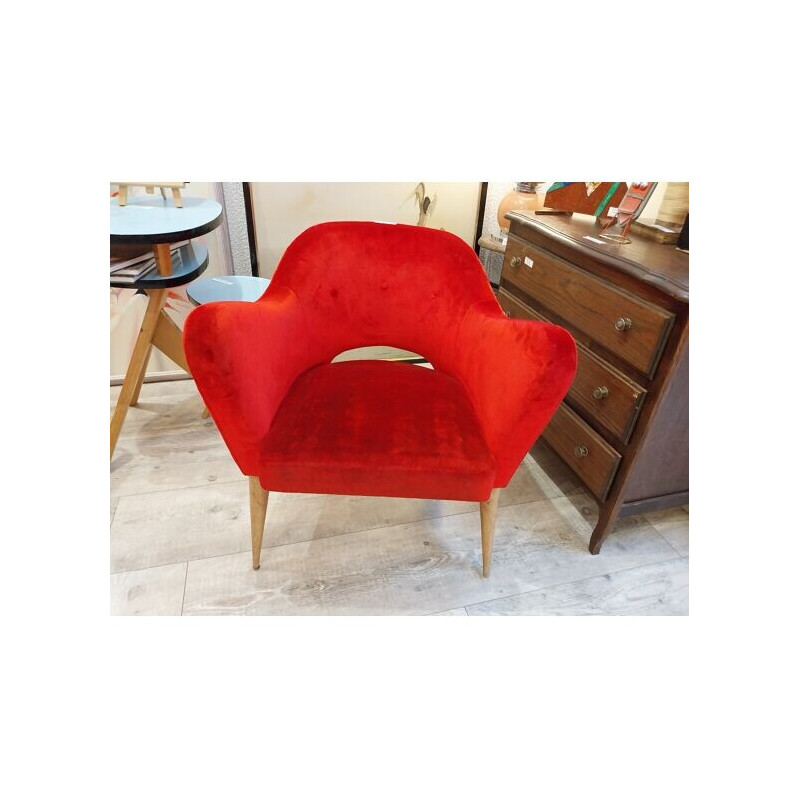 Scandinavian vintage cocktail armchair in red velvet, 1960-1970