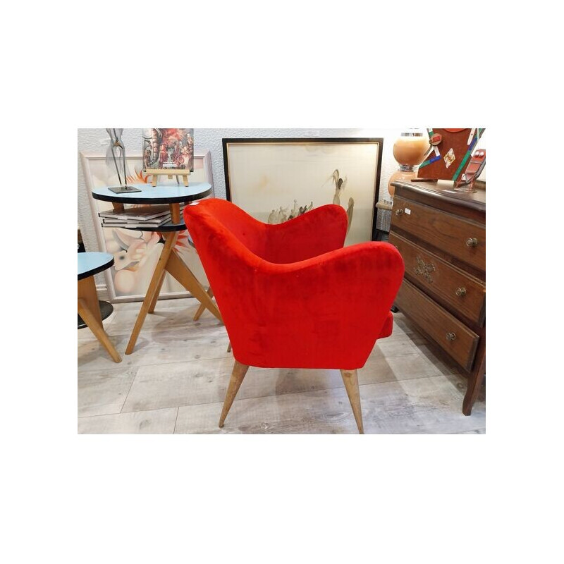 Scandinavian vintage cocktail armchair in red velvet, 1960-1970