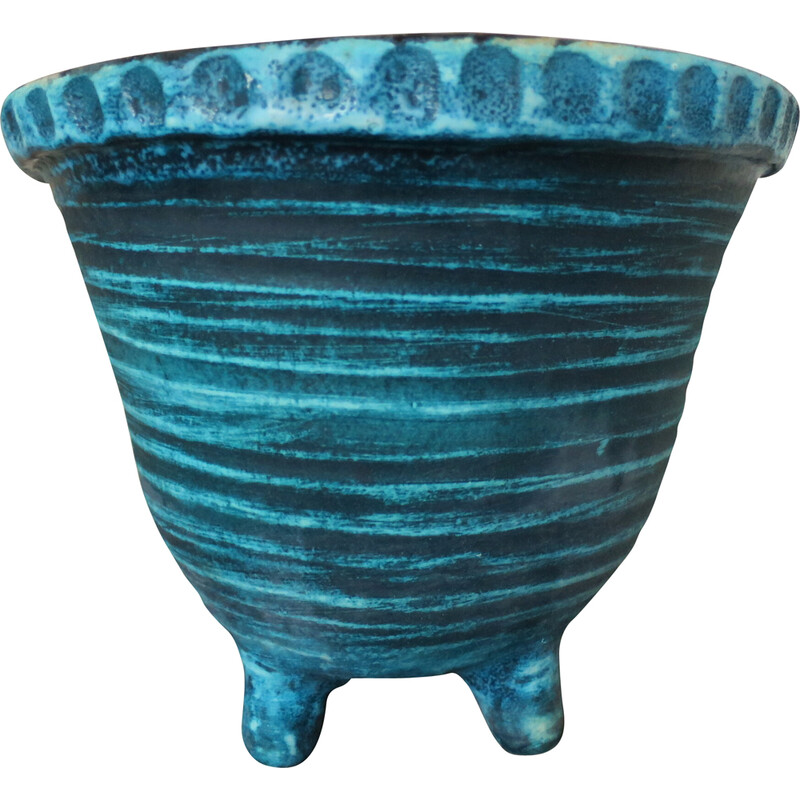 Cubremaceta vintage Accolay de cerámica de cuatro patas azul turquesa, 1950