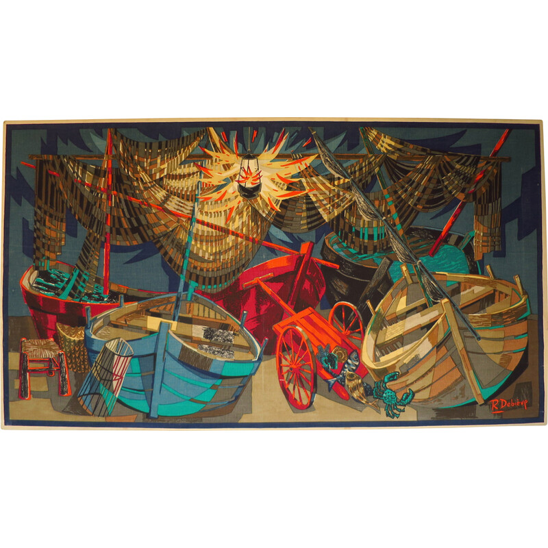 Vintage tapestry "Boats and nets" by Robert Debieve, 1950