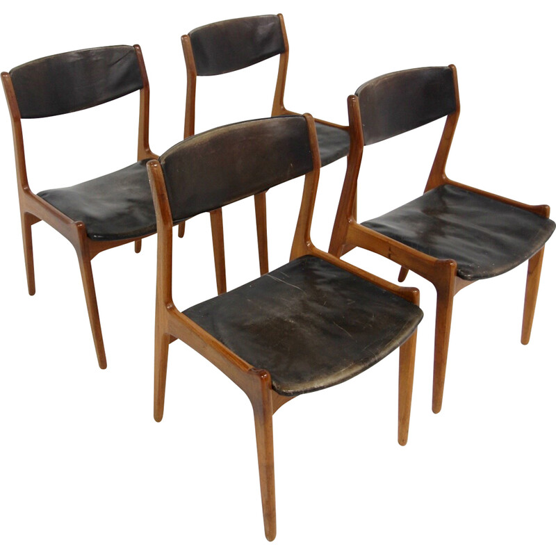 Set van 4 vintage teakhouten en lederen stoelen voor Sorø Stolefabrik, Denemarken 1960