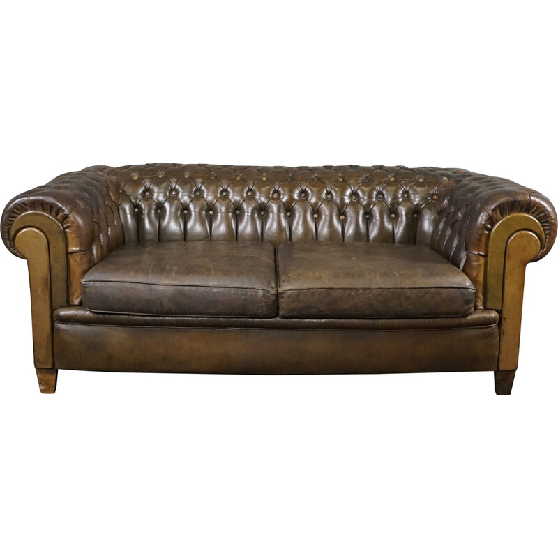 Canapé Chesterfield vintage 2 places en cuir de vachette vert