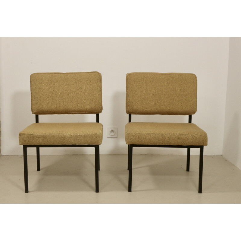 Pair of vintage armchairs in metal and yellow fabric, 1950