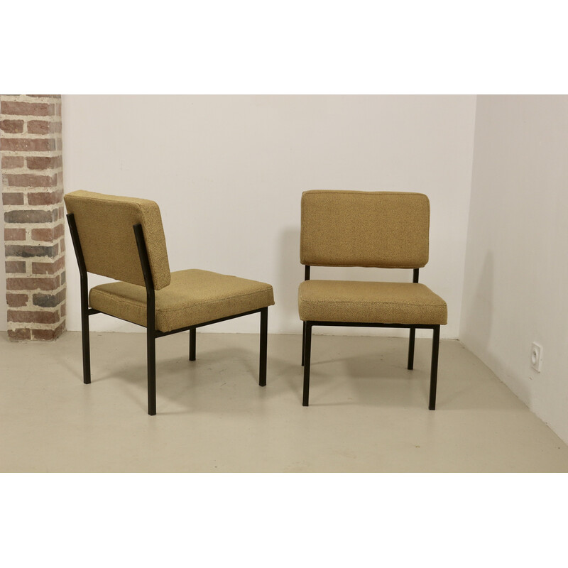 Pair of vintage armchairs in metal and yellow fabric, 1950