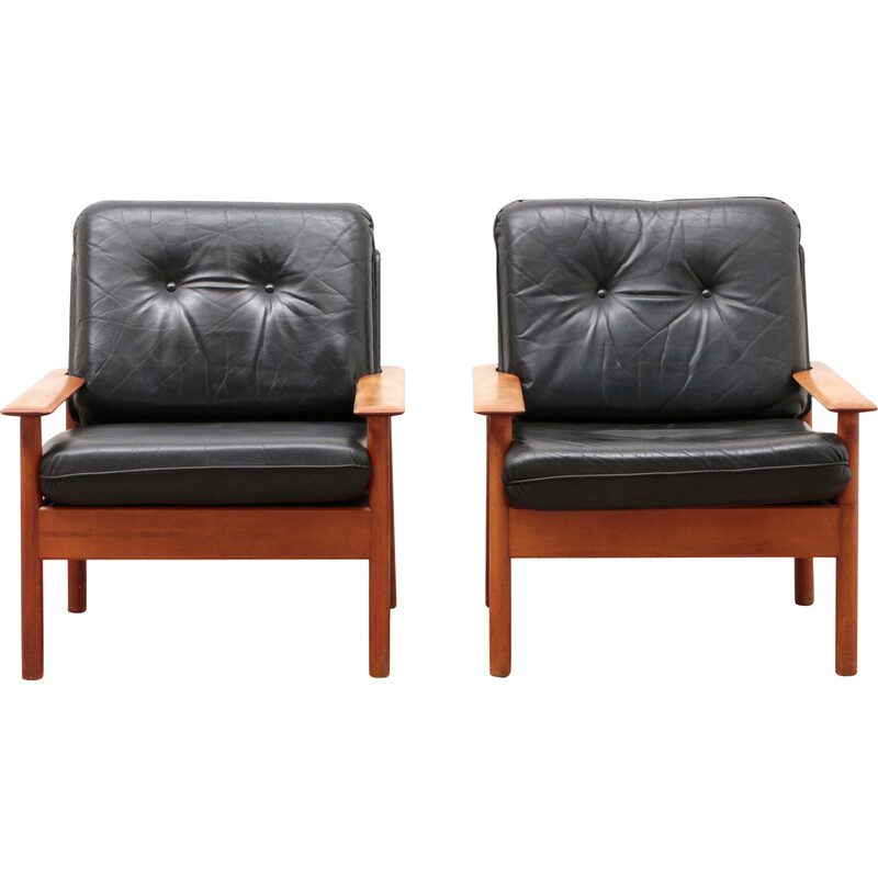 Pair of vintage black Relax armchairs in black leather and wood, 1960s