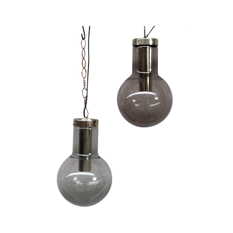 Mid-century smoked glass and brass pendant laps by Raak, Holland 1980s