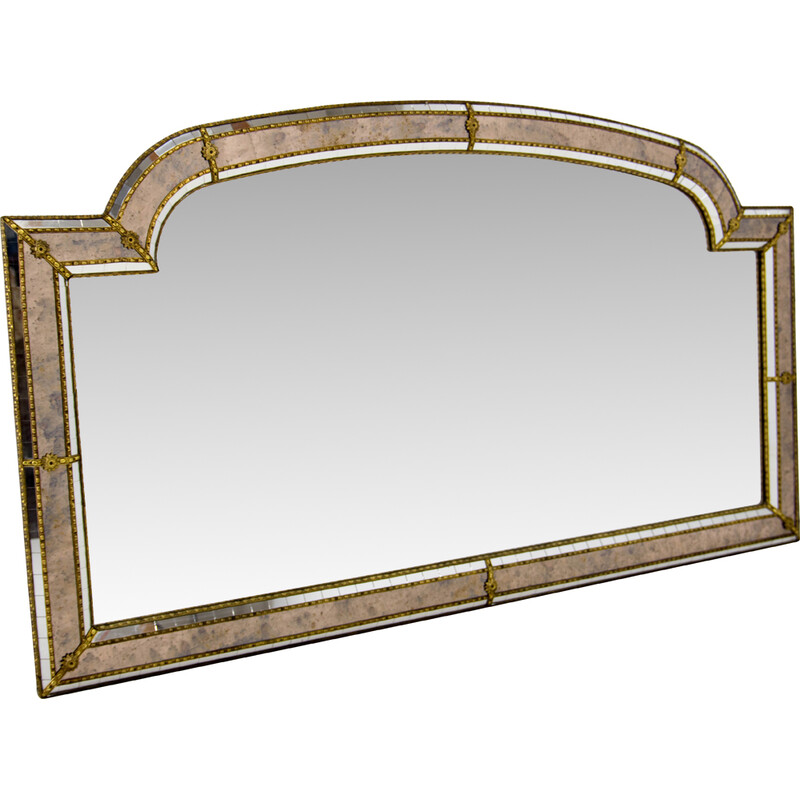 Vintage multi-facets mirror with brass garlands, France 1970s