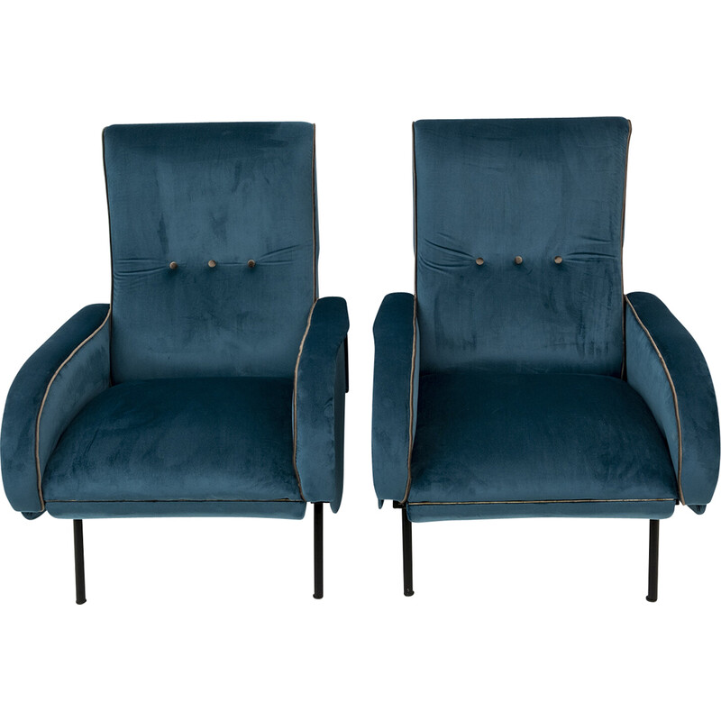 Pair of mid-century Italian velvet reclining armchairs by Marco Zanuso, 1950s