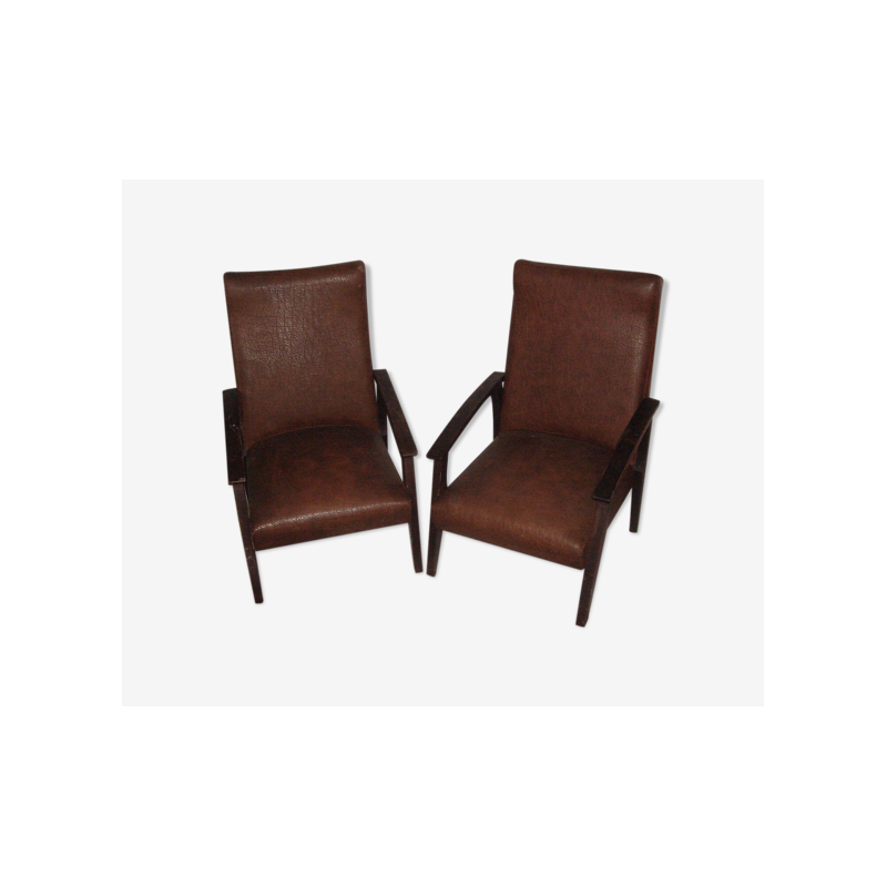 Paar vintage fauteuils in skai en hout, 1950-1960