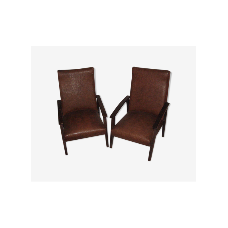 Paire de fauteuils vintage en skaï et bois, 1950-1960