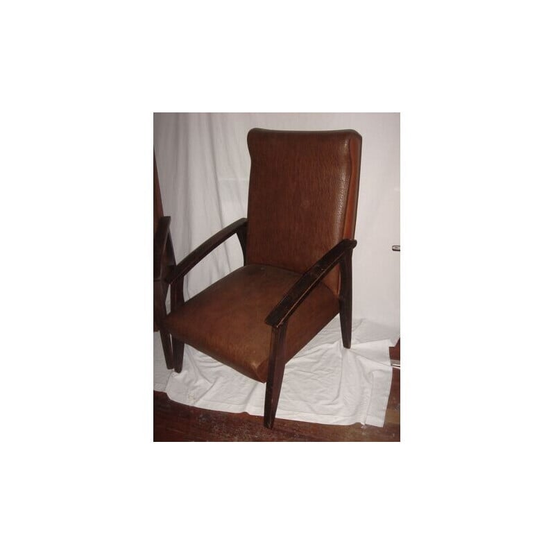 Pair of vintage armchairs in skai and wood, 1950-1960