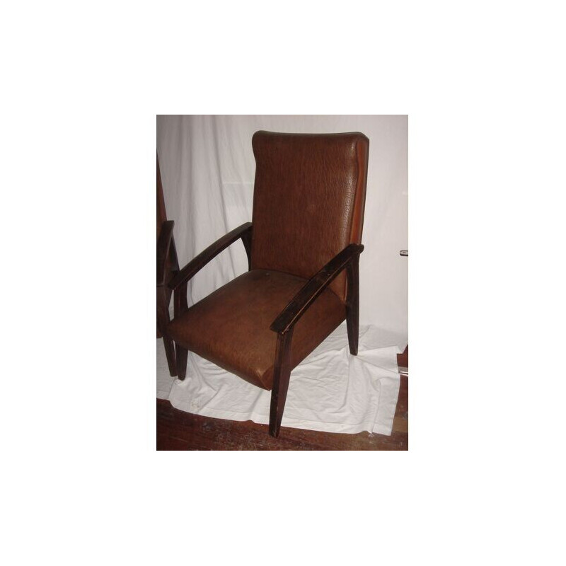 Paire de fauteuils vintage en skaï et bois, 1950-1960