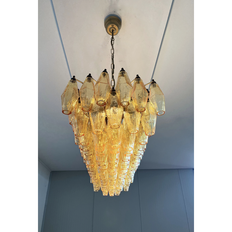 Vintage Poliedri chandelier in Murano amber glass by Carlo Scarpa