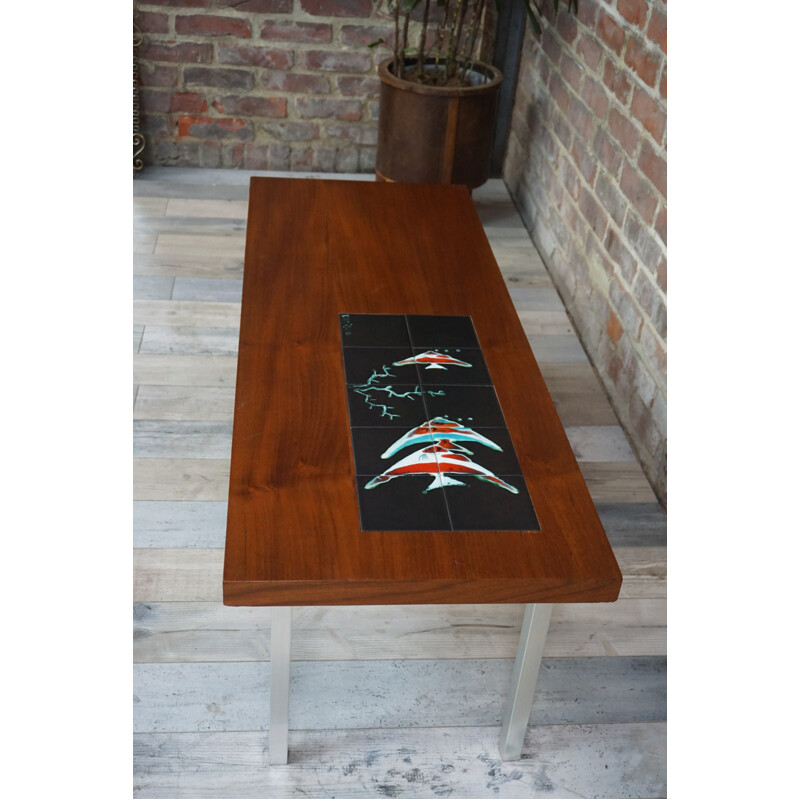 60s teak and ceramic design coffee table by De Nisco - 1960s