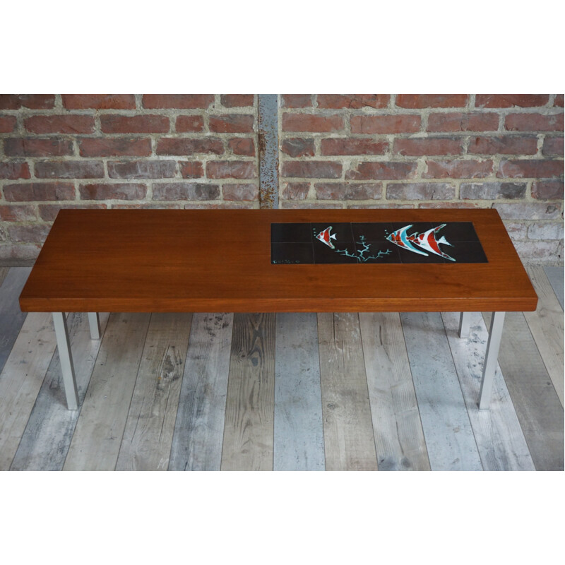 60s teak and ceramic design coffee table by De Nisco - 1960s