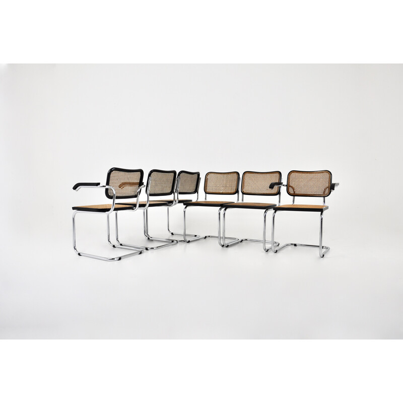 Conjunto de 6 cadeiras vintage em metal, madeira e rotim de Marcel Breuer