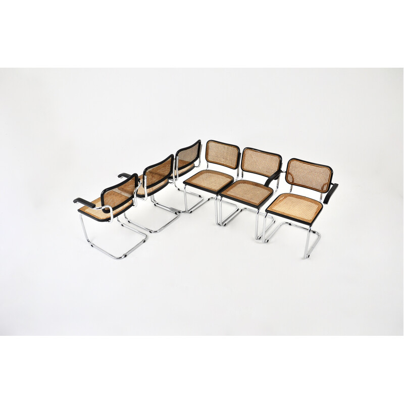 Conjunto de 6 cadeiras vintage em metal, madeira e rotim de Marcel Breuer