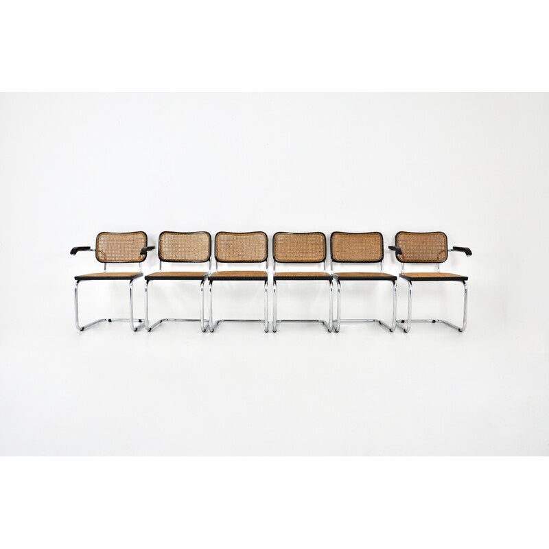 Conjunto de 6 cadeiras vintage em metal, madeira e rotim de Marcel Breuer