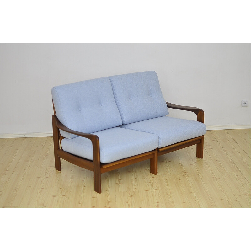 Vintage massief teakhouten blauwe tweezitsbank, 1960