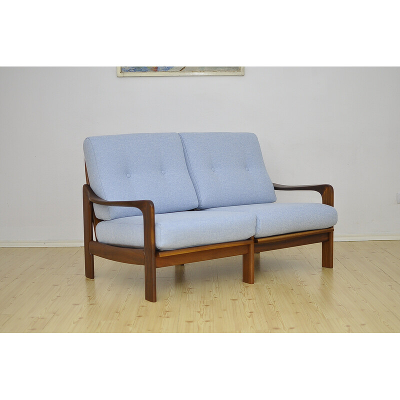 Divano a due posti vintage in teak massiccio blu, anni '60