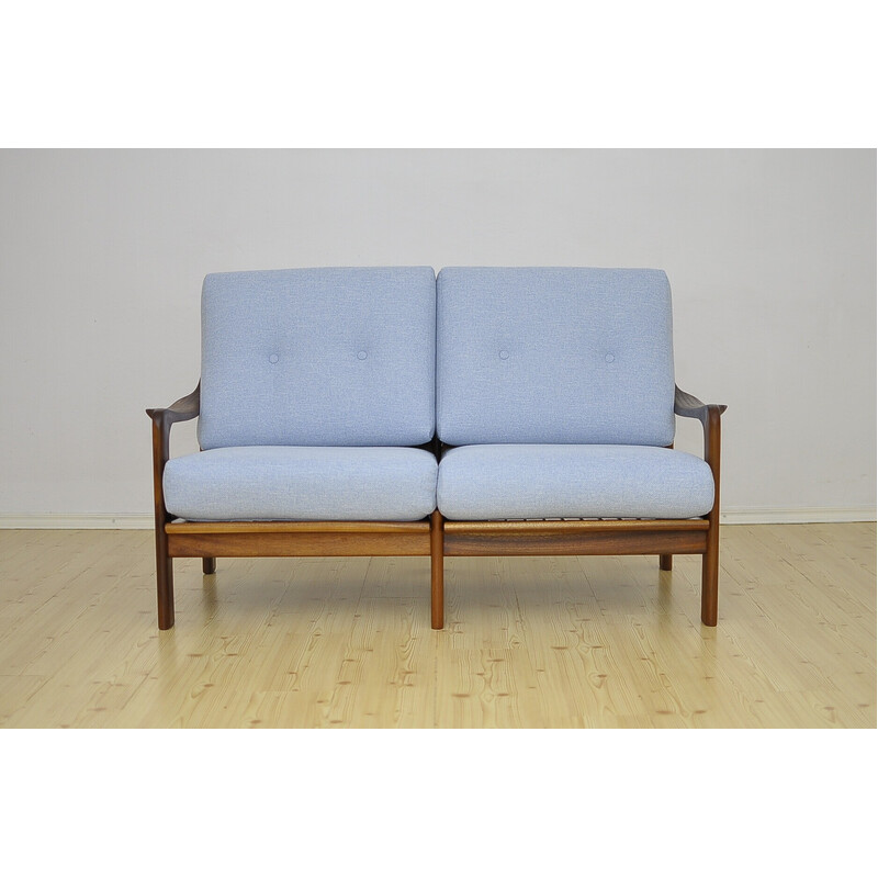 Vintage solid teak blue two seater sofa, 1960s